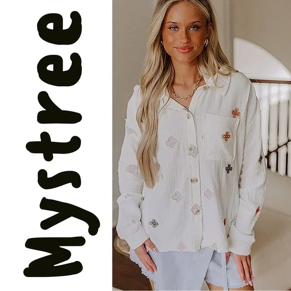 MYSTREE TUCSON CREAM WHITE SUNSETS FLORAL EMBROIDERED LIGHTWEIGHT HOODED TOP S - Picture 1 of 11